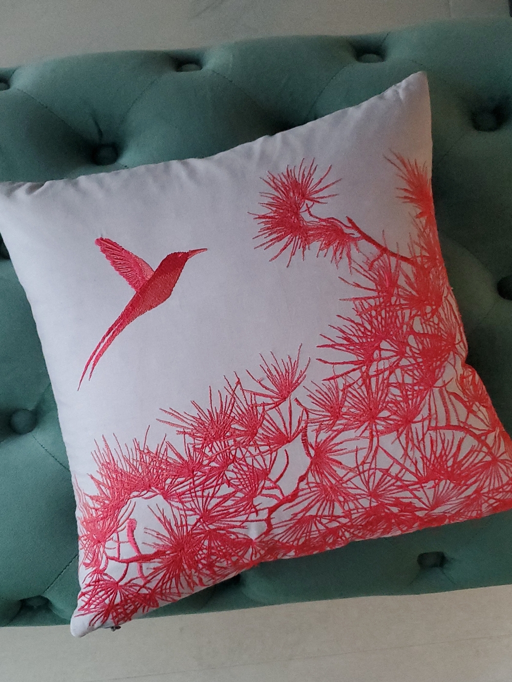 Embroidered Hummingbird & Floral Pillow - Coral on Grey 15x15" Like NEW